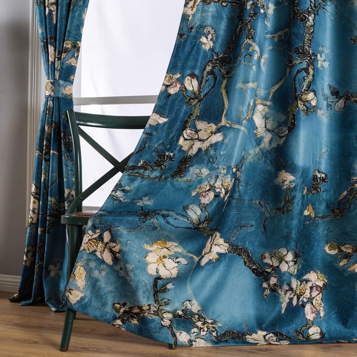 Chinese Style Plum Blossom Curtain Blue Artistic Print Curtains 95 Inches Lon…