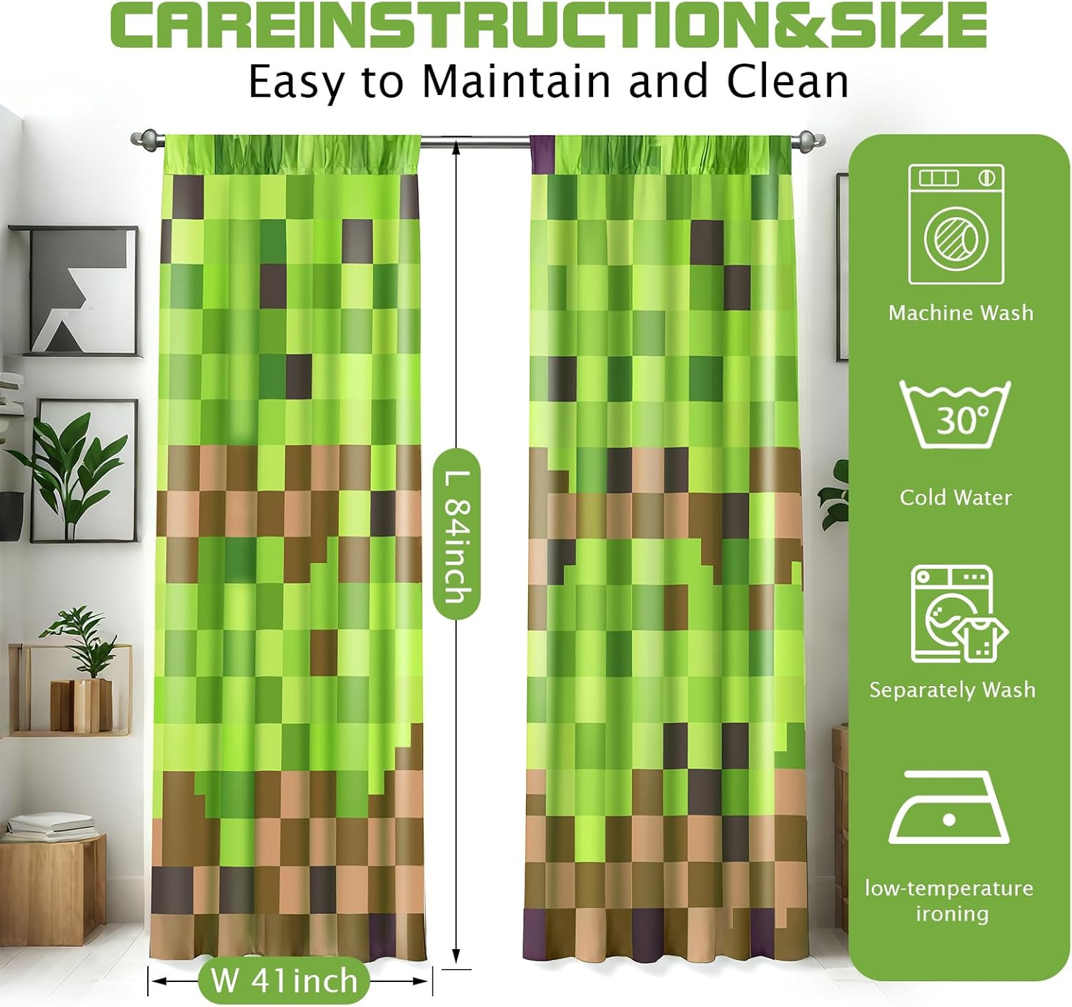 Gingham Window Curtains 84 Inch Length 2 Panels Set, Polyester Window Curtains f