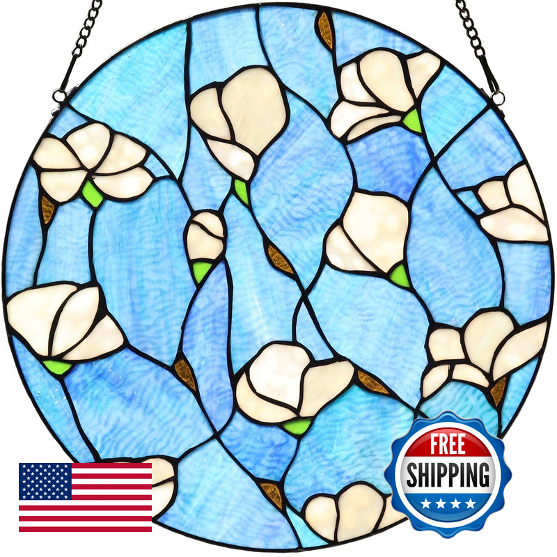 Bieye W10063 Magnolia Flower Tiffany Style Stained Glass Window Panel Chain