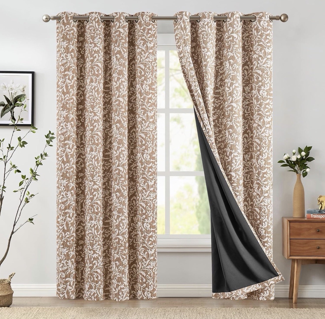 Jinchan Blackout Curtains 84” Warm Taupe Floral Scroll Grommet 2 Panels
