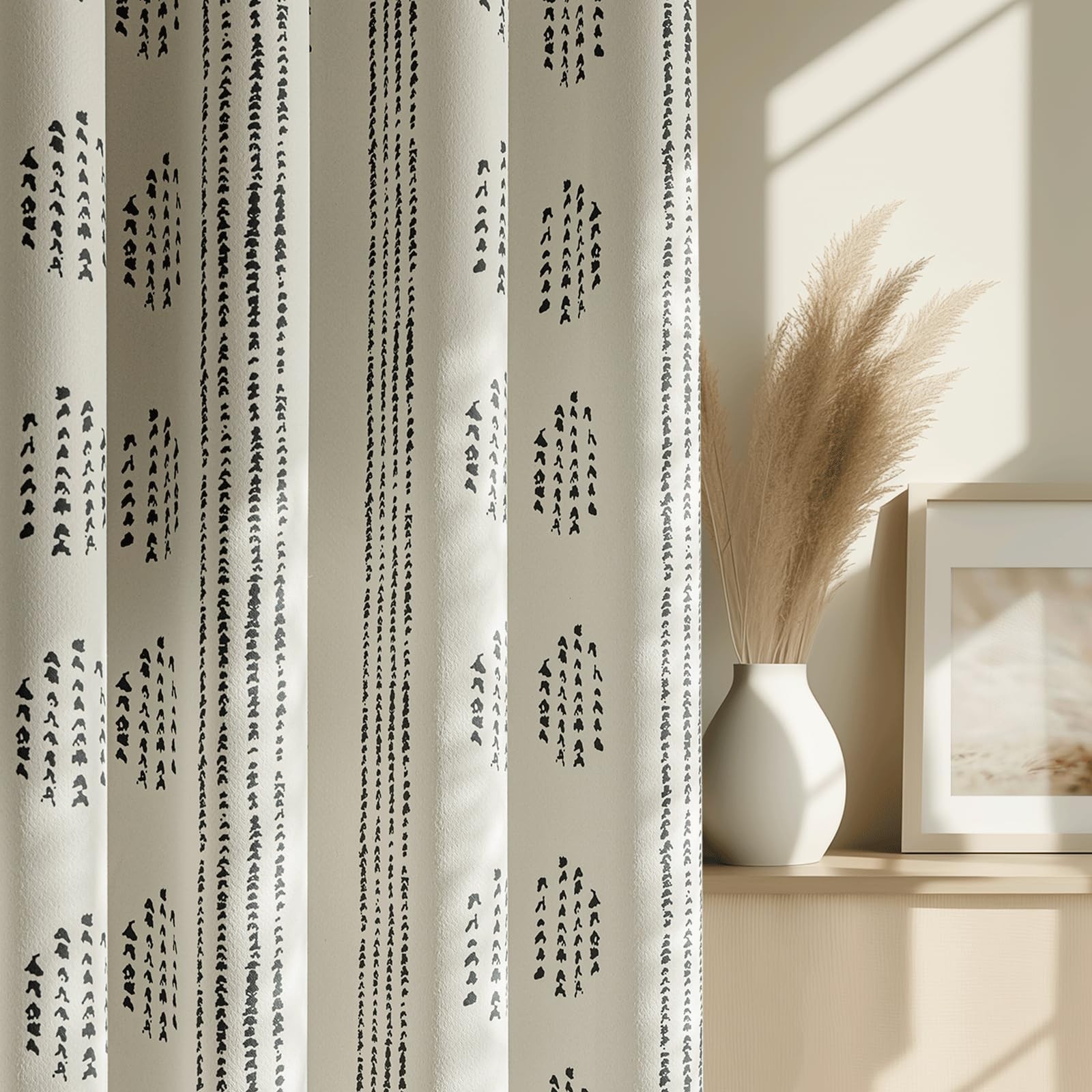 100% Boho Blackout Curtains 96 Inches Long for Bedroom, Black on Beige Patter…