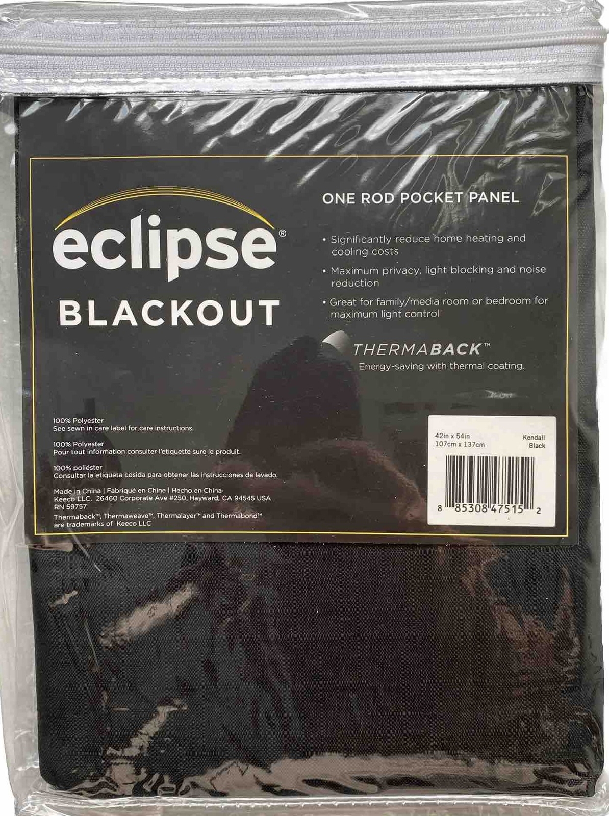 New ECLIPSE ThermaBack BLACKOUT Panel Randall One Rod Pocket Black 42″ x 54″