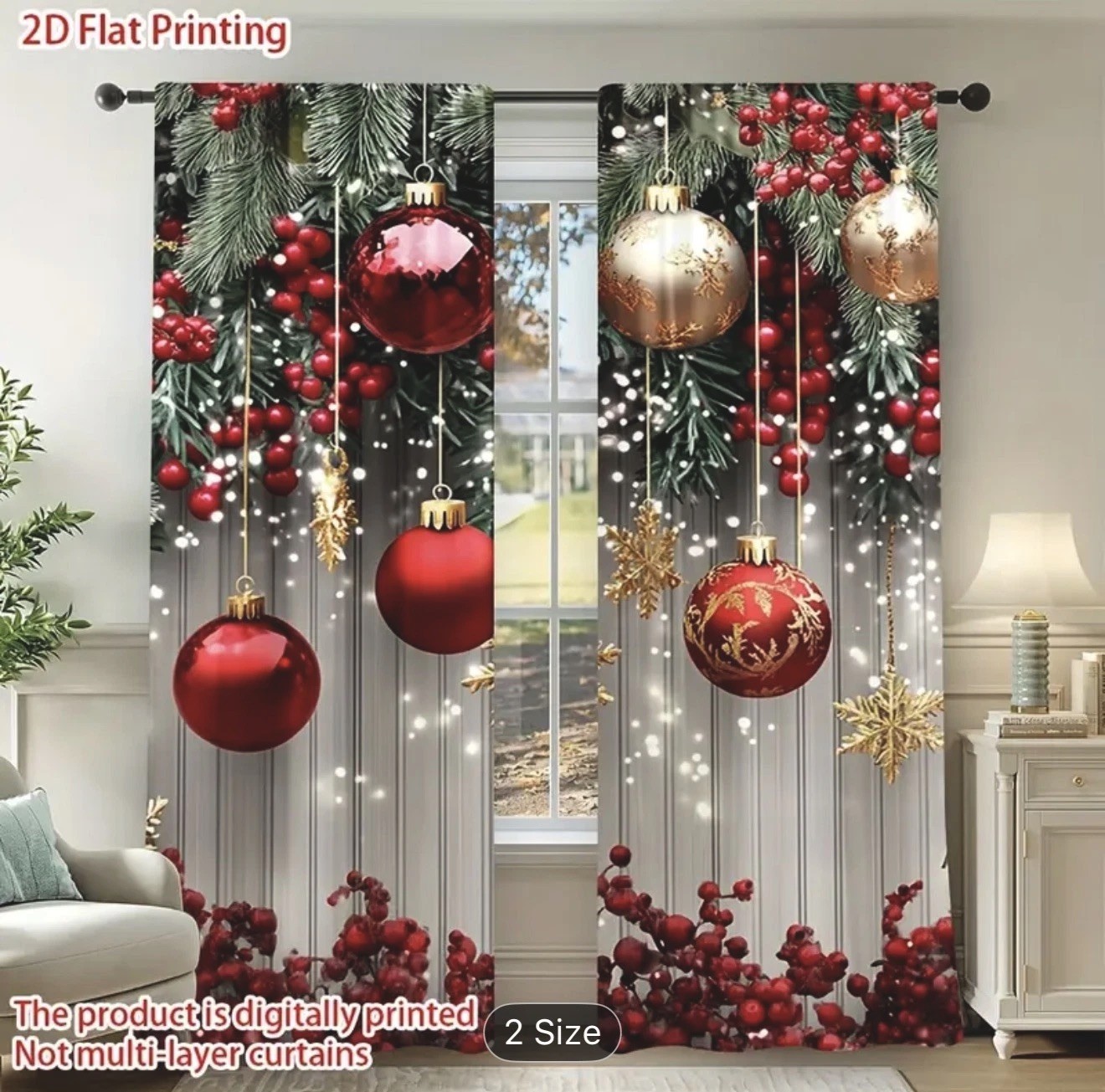 Christmas Ball Holiday Printed Curtains 2 Pieces Xmas Print Curtains Room Decor